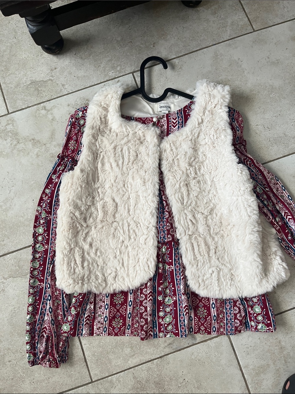 Speechless Cream Faux Fur Vest with Red Patterned Blouse